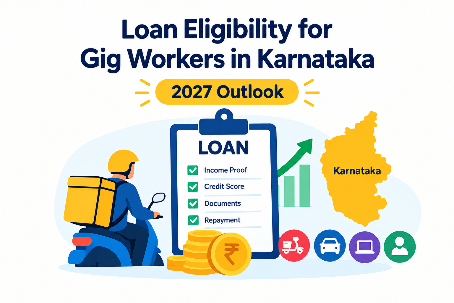 Loan eligibility for gig workers in Karnataka 2027 outlook showing income proof, credit score, documents, repayment, digital work icons, rupee coins, growth arrow, and Karnataka map.